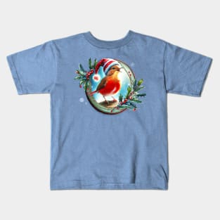 A red bird in a Christmas hat singing on a branch inside a festive winter frame of mistletoe and winter berries and snow flakes Kids T-Shirt